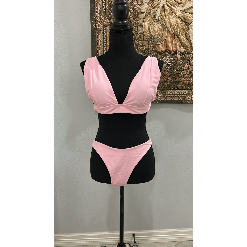 Pink Two Piece Bikini Swimsuit V Neck Sleeveless Beach Pool Party‎
